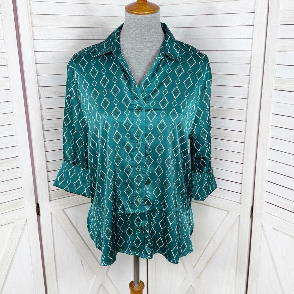 Como Black Satin Diamond Print Button Up Shirt Blouse Teal Green Small